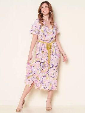 kathy ireland Lavender & Yellow Floral Pleated Midi Dress